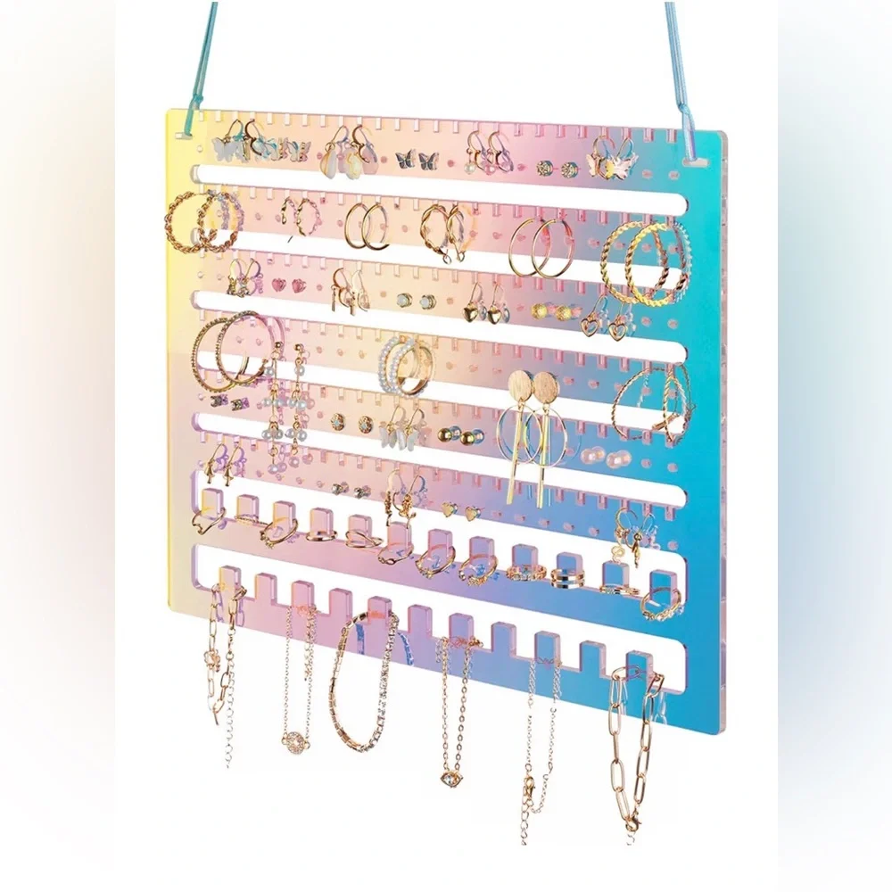Iridescent Acrylic Jewelry Organizer | Wall Earring Holder with Necklace Hooks